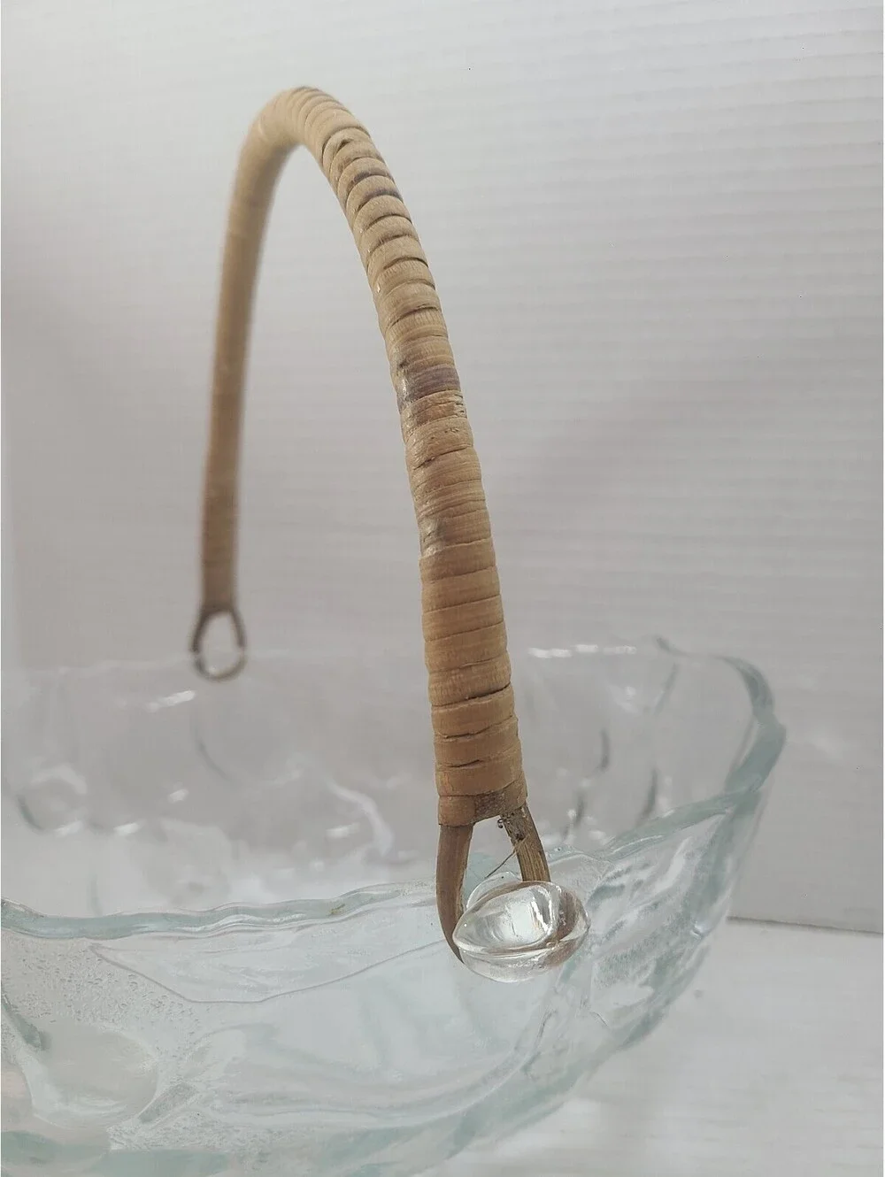 Mid Century Modern Embossed Clear Pressed Glass Fruit Basket Bowl Rattan Handle